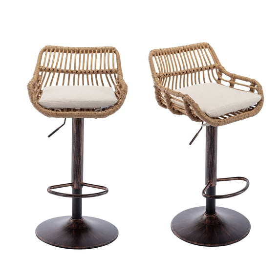 Homefun Rattan Bar Stools Set of 2 Adjustable Height 360 Swivel Low Back Stools with Footrest Breathable Linen Cushions