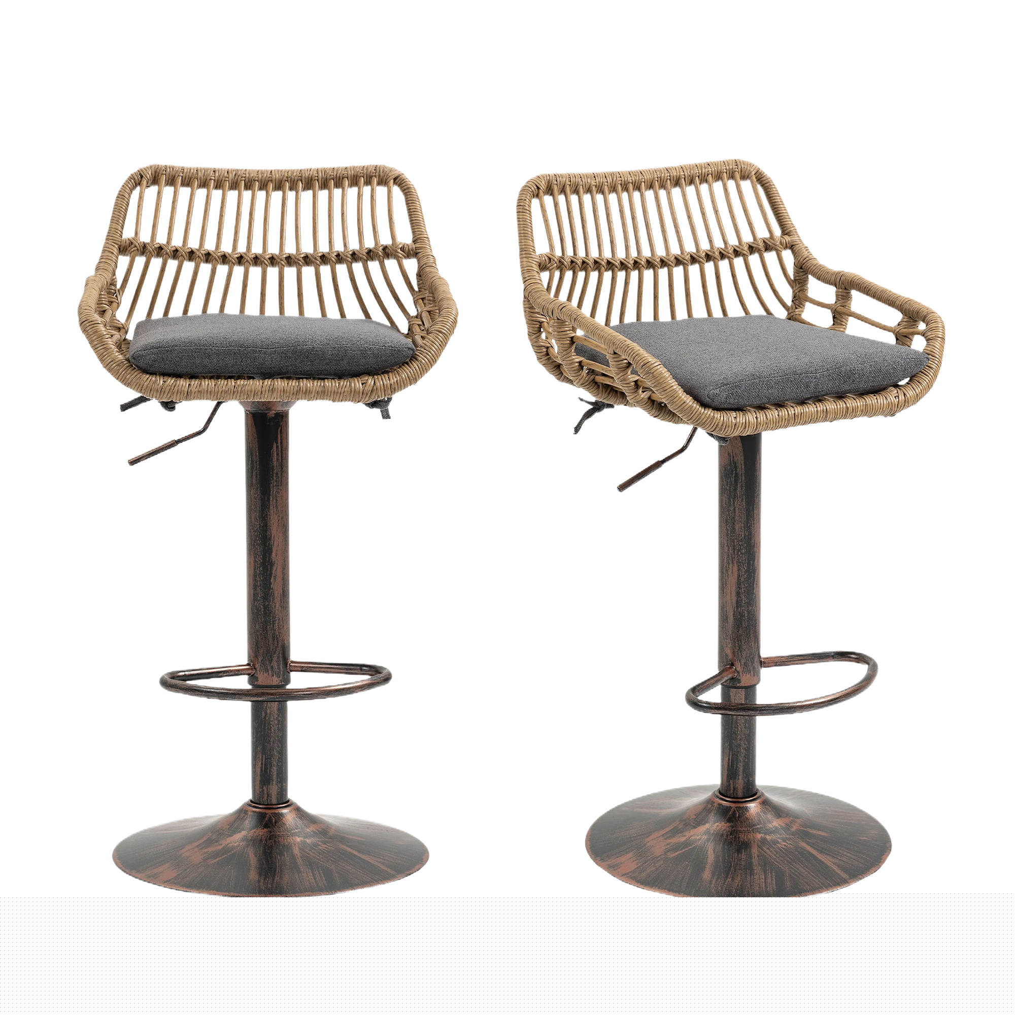 thumbnail image 1 of Homefun Rattan Bar Stools Set of 2 Adjustable Height 360 Swivel Low Back Stools with Footrest Breathable Linen Cushions, 1 of 7