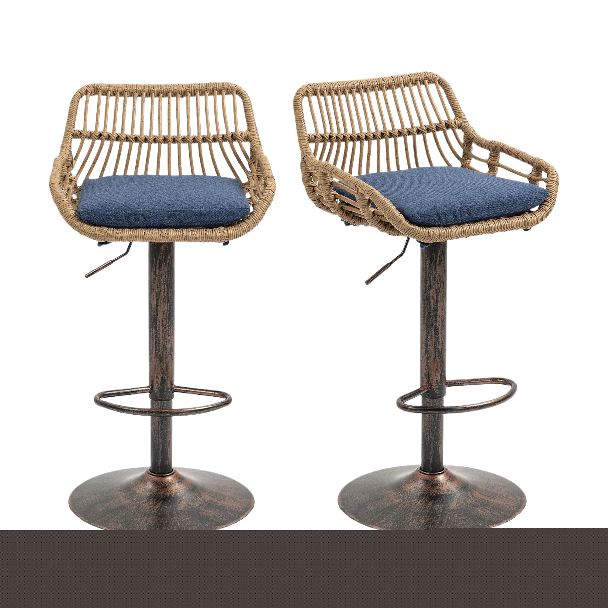 thumbnail image 1 of Homefun Rattan Bar Stools Set of 2 Adjustable Height 360 Swivel Low Back Stools with Footrest Breathable Linen Cushions, 1 of 7