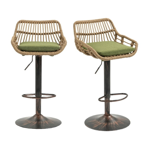 Homefun Rattan Bar Stools Set of 2 Adjustable Height 360 Swivel Low Back Stools with Footrest Breathable Linen Cushions