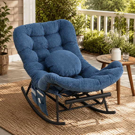 Homefun Rocking Chair with Thick Cushion Footrest,Indoor/outdoor Oversize Rocker Wicker Steel Chair(Blue)