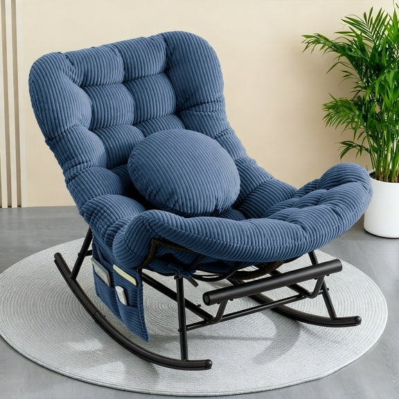 Homefun Rocking Chair with Thick Cushion Footrest,Indoor/outdoor Oversize Rocker Wicker Steel Chair(Blue)