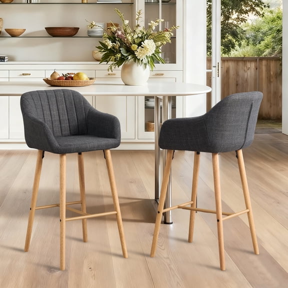 Homefun Solid Wood Bar Stools Set of 2,Tall Chairs with Upholstered Back,Arm Chair Linen Fabric,Dark Gray