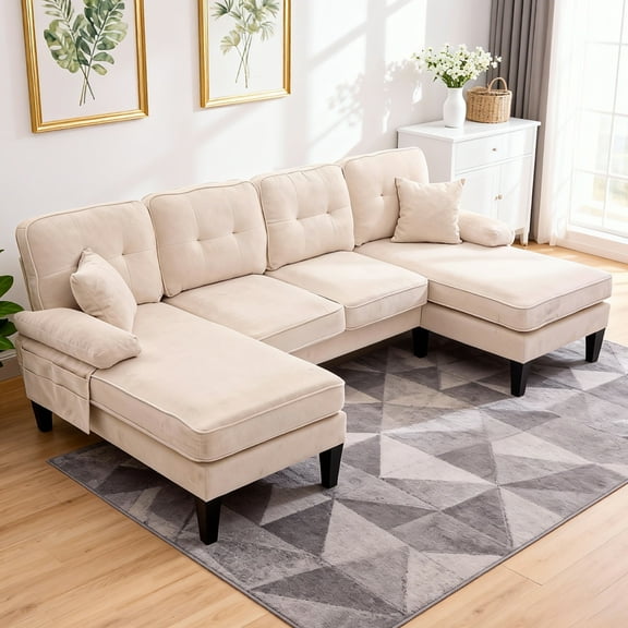 Homefun U Shaped 4 Seat Sectional Sofa Couch 22.83'' Deep Seat with Double Chaise for Apartments,Beige