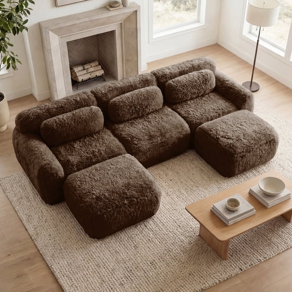 Homefun U-Shaped Boneless Sofa Modular with Chaise Free Combination High Density Sponge Deep Seat Design For Home Theater,Chocolate
