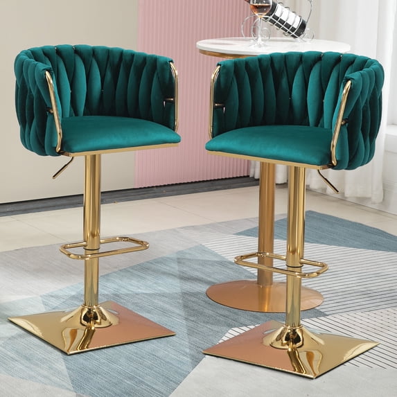 Homefun Velvet Bar Stools Set of 2,Modern Height Adjustable Swivel Barstools Counter Chairs with High Back & Gold Metal Base