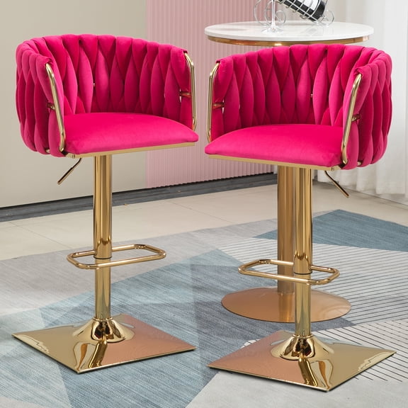 Homefun Velvet Bar Stools Set of 2,Modern Height Adjustable Swivel Barstools Counter Chairs with High Back & Gold Metal Base