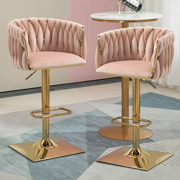 Homefun Velvet Bar Stools Set of 2,Modern Height Adjustable Swivel Barstools Counter Chairs with High Back & Gold Metal Base