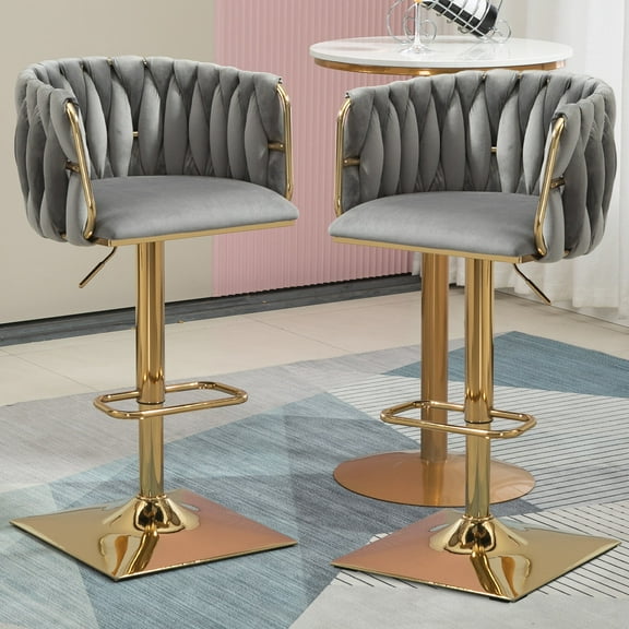 Homefun Velvet Bar Stools Set of 2,Modern Height Adjustable Swivel Barstools Counter Chairs with High Back & Gold Metal Base