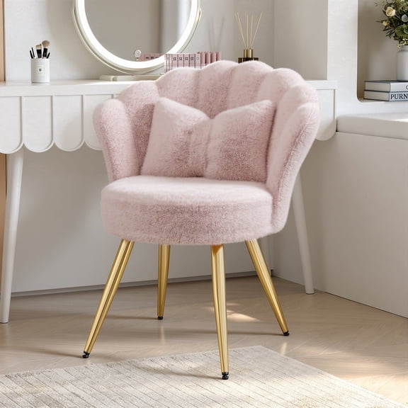 Homefun Plush Velvet Sherpa Accent Chair with Cushion,Gold Metal Legs,Fluffy Vanity Chair for Makeup Room,Pink
