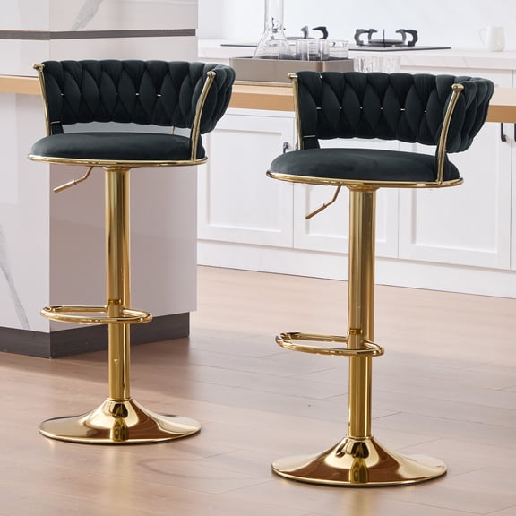Homefun Velvet Woven Bar Stools Set of 2, Modern Height Adjustable Swivel Barstools Counter Chairs with Back & Gold Metal Base for Pub, Kitchen, Cafe (Black)