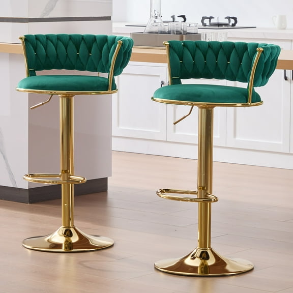 Homefun Velvet Woven Bar Stools Set of 2, Modern Height Adjustable Swivel Barstools Counter Chairs with Back & Gold Metal Base for Pub, Kitchen, Cafe (Emerald)