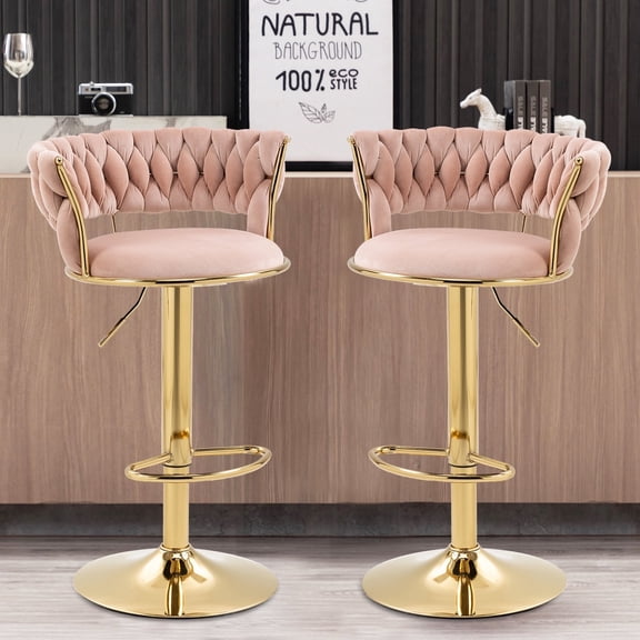 Homefun Velvet Woven Bar Stools Set of 2, Modern Height Adjustable Swivel Barstools Counter Chairs with Back & Gold Metal Base for Pub, Kitchen, Cafe (Pink)