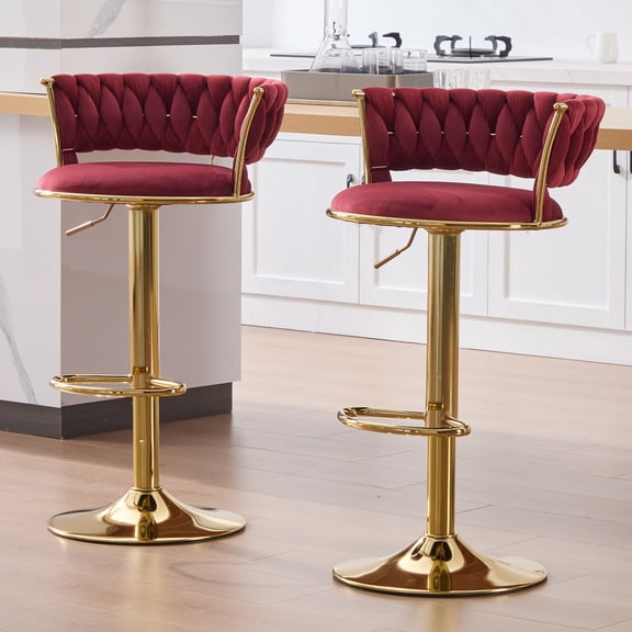 Homefun Velvet Woven Bar Stools Set of 2, Modern Height Adjustable Swivel Barstools Counter Chairs with Back & Gold Metal Base for Pub, Kitchen, Cafe (Rose Red)