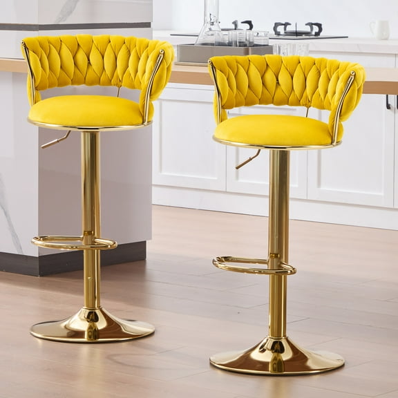 Homefun Velvet Woven Bar Stools Set of 2, Modern Height Adjustable Swivel Barstools Counter Chairs with Back & Gold Metal Base for Pub, Kitchen, Cafe (Yellow)