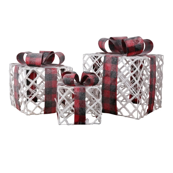 Homegear Christmas Set of 3 Pre-lit Gift Present Boxes w/ 60 LED Lights - Indoor/Outdoor Yard/Lawn Use- Snow Festive Plaid