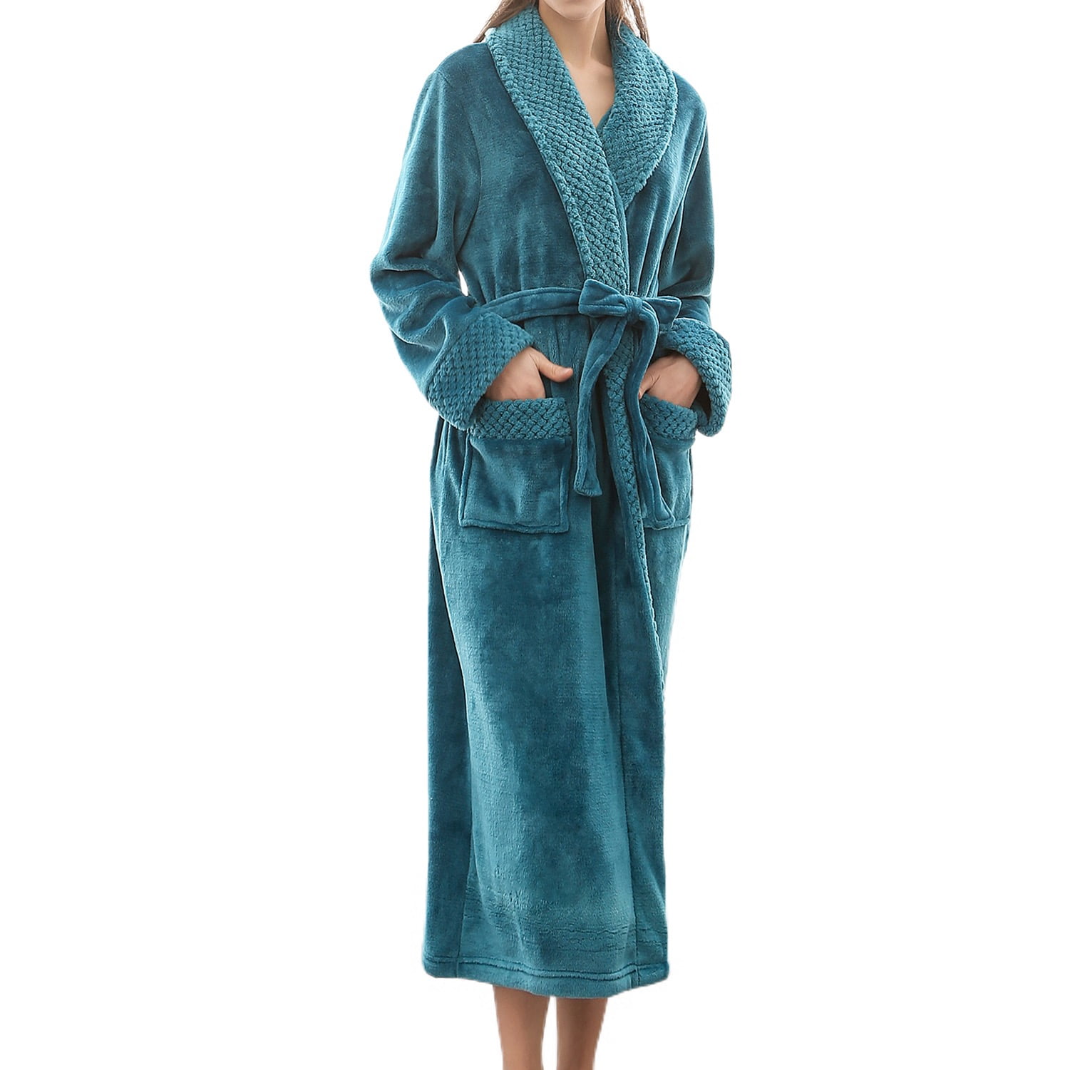 Defitshape Women's Flannel Bath Robe Long Full Length Pockets Belted ...