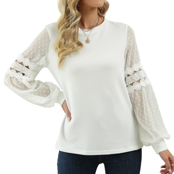 Defitshape Women's Long Sleeve Blouse Polyester Crew Neck Casual Basic Shirt Fitted Fashion Tops White 6-8