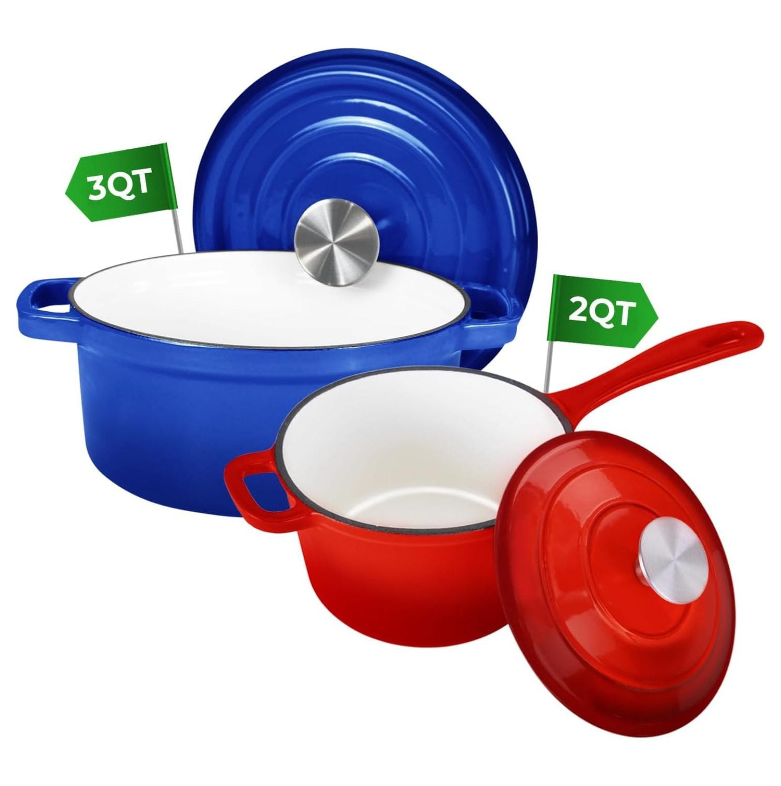 Homehour Heavy Duty Enameled Cast Iron Cookware Set, 3 Qt Dutch Oven with Lid & 2 Qt Saucepan