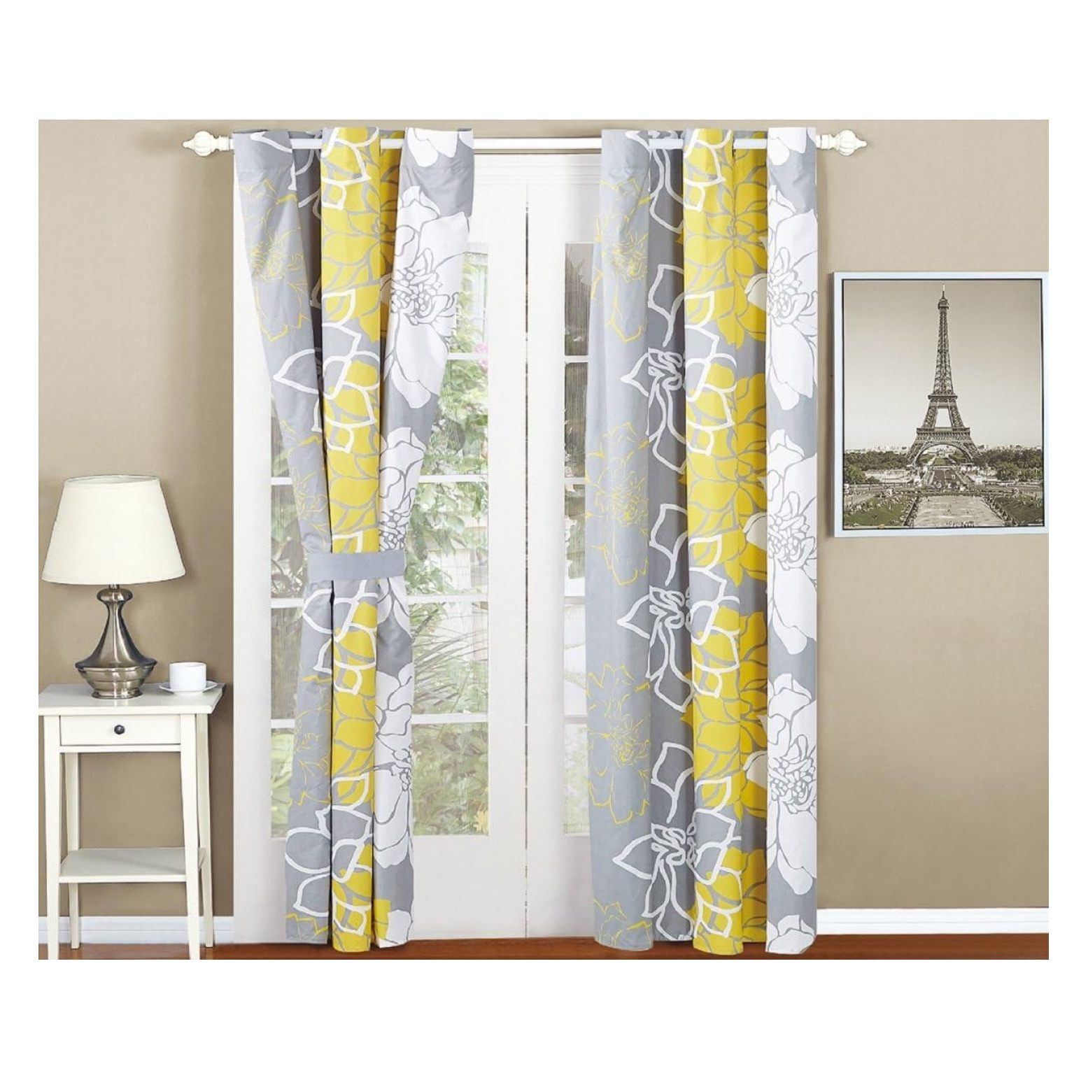 Homehour New 4pc Flower Printed Curtain Set for Reversible Bedspread
