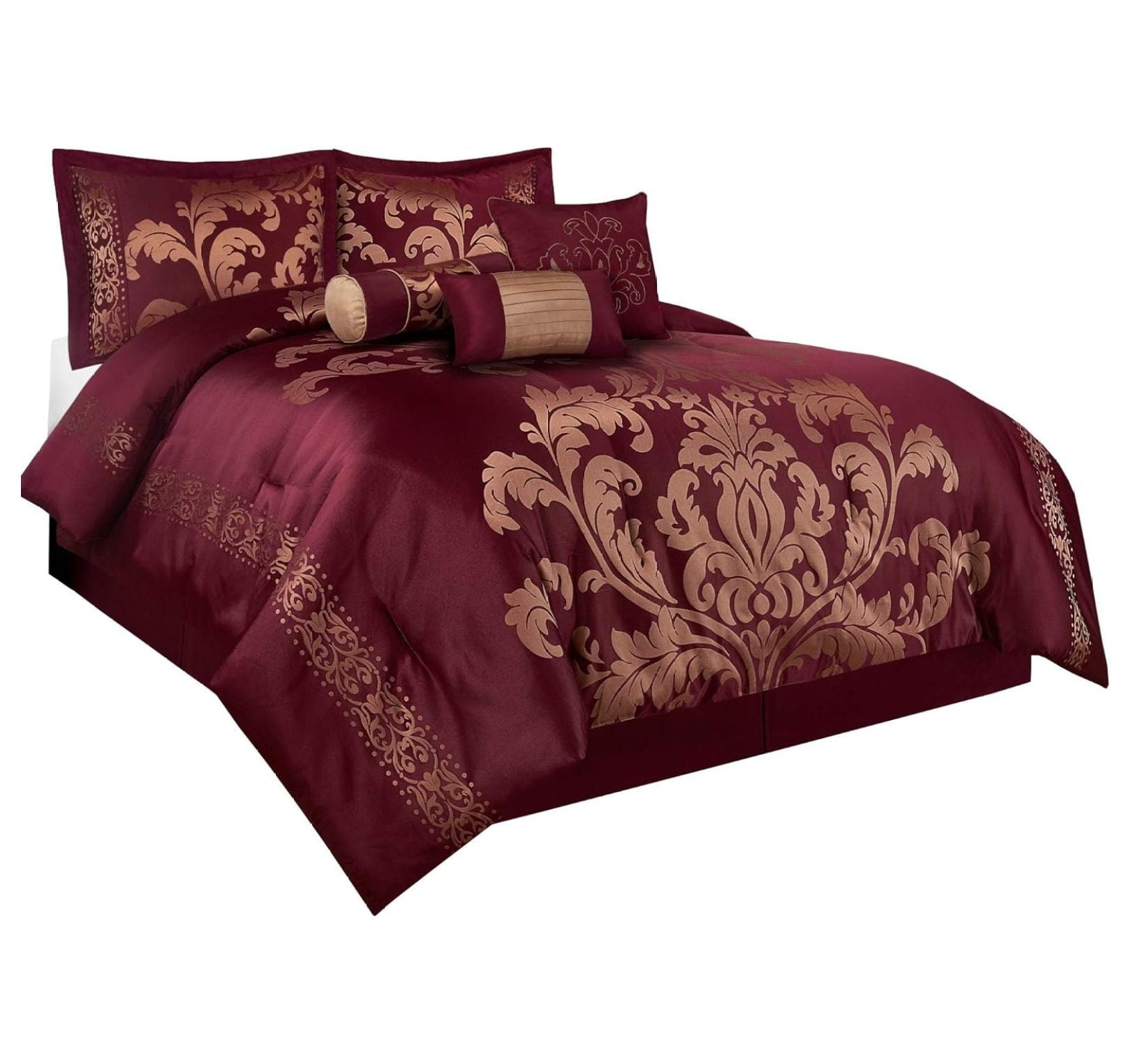 Homehours 7Piece Jacquard Floral Comforter Set (Queen, Maroon