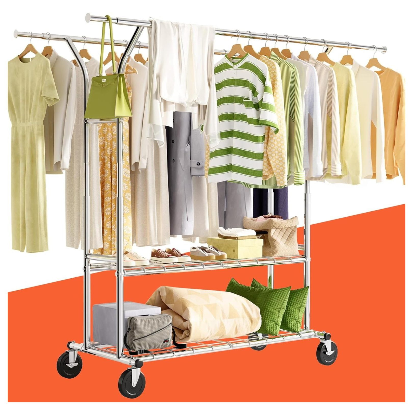 Homehours Clothes Rack, Clothing Rack with Wheels Holds 645 LBS Garment Rack Heavy Duty Clothes