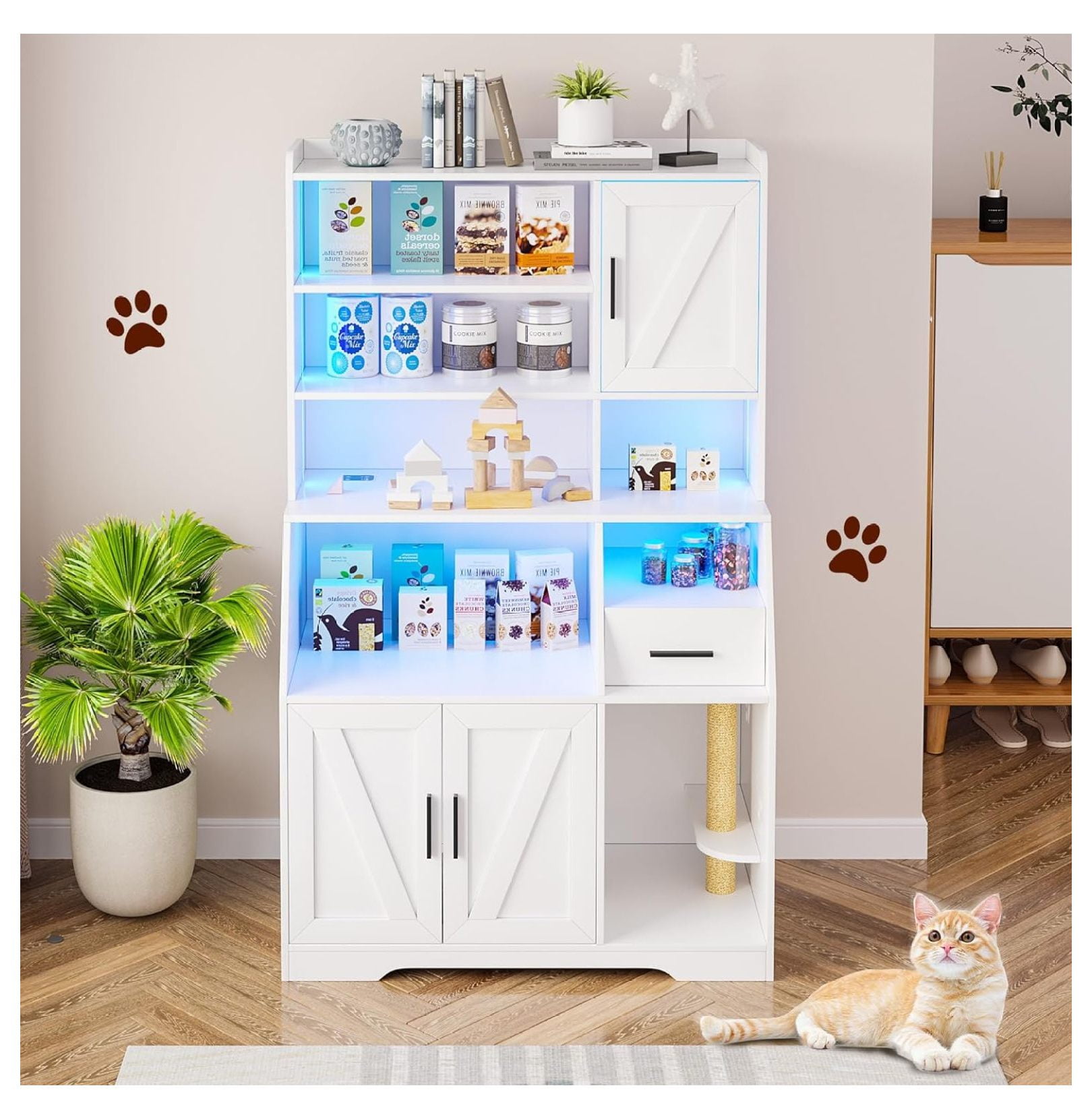 Homehours Litter Box Enclosure with 4 Storage Shelves and 2 Drawers, 4