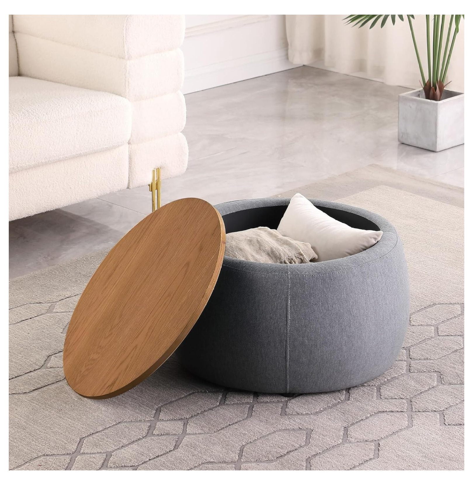 Homehours Ottoman with Storage Round Coffee Table for Living Room with