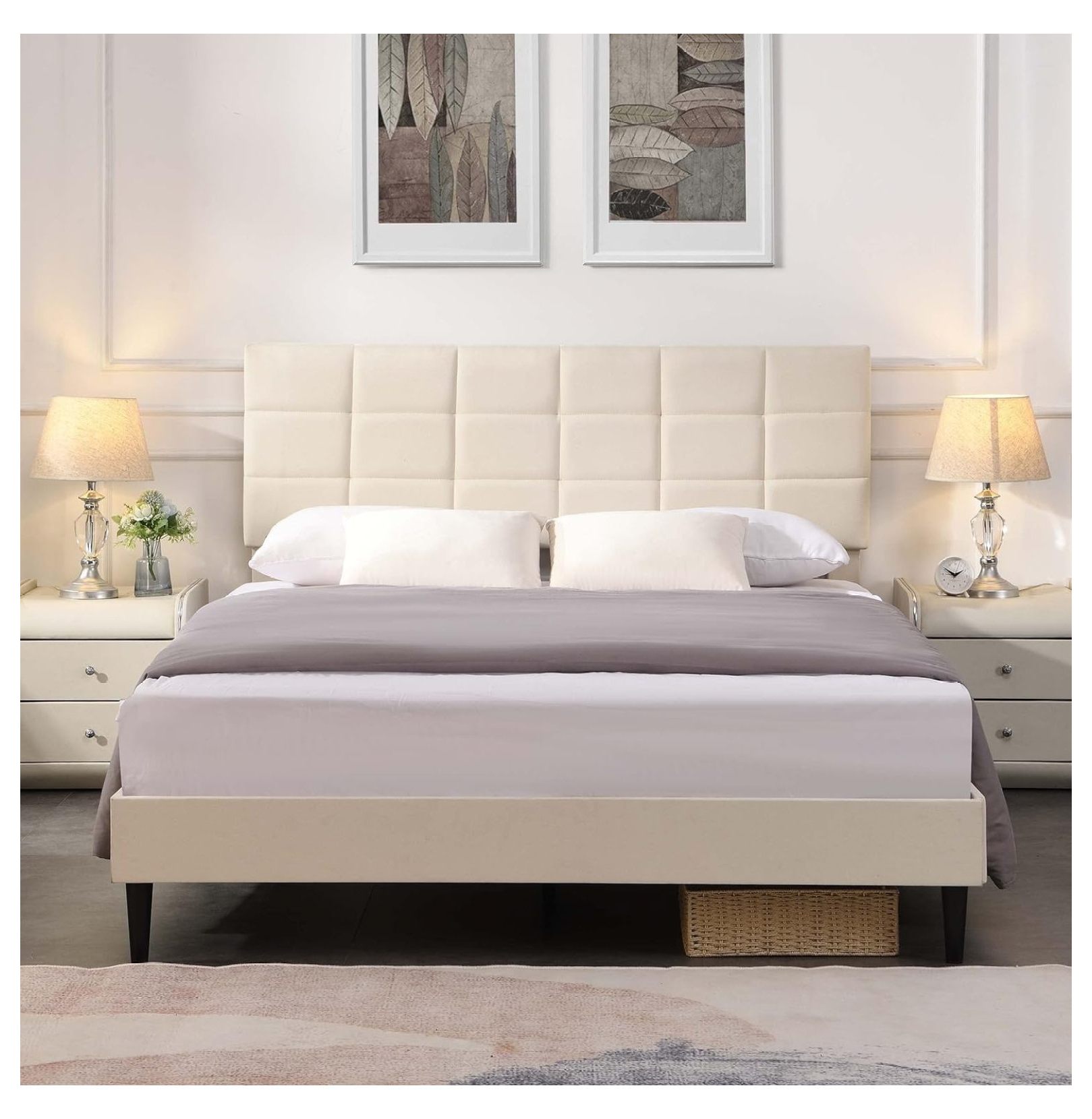 Homehours QueenSize Platform Bed Frame with Fabric Upholstered