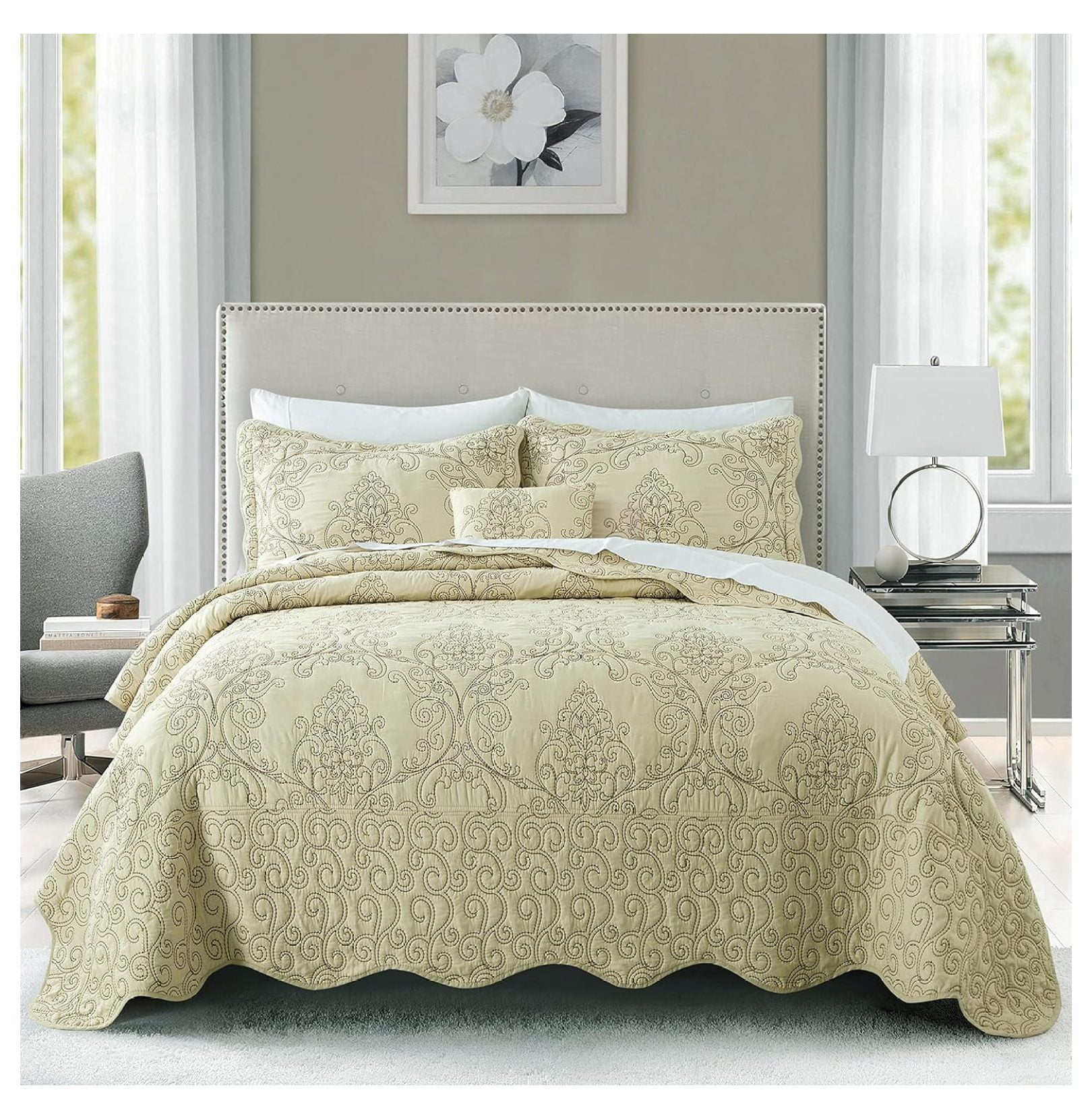 Homehours Quilt Bedspread Oversized King 4 Piece Bedding Set 120" x 120