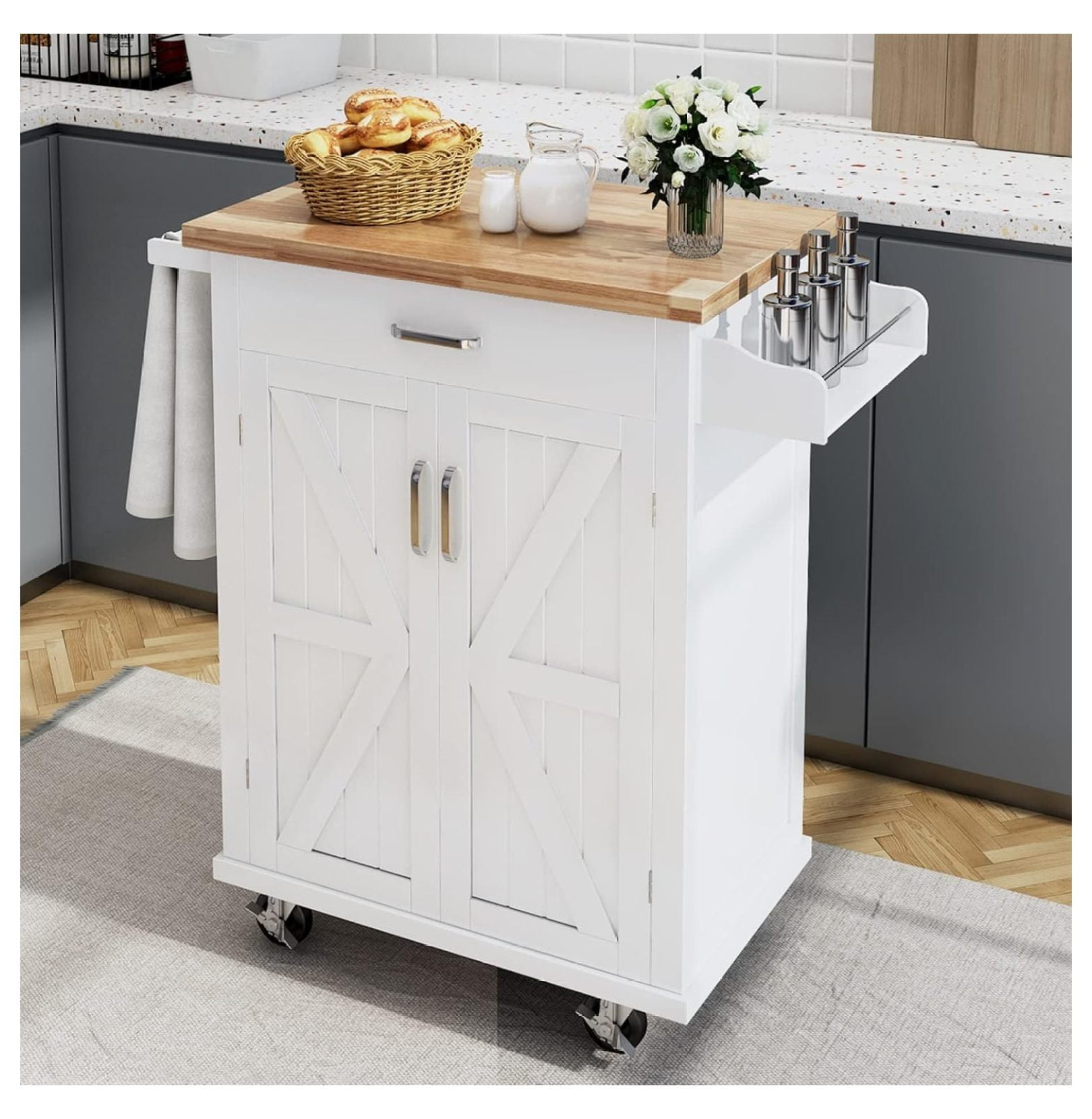 Homehours Rolling Kitchen Island with Spice Rack Towel Holder, Kitchen