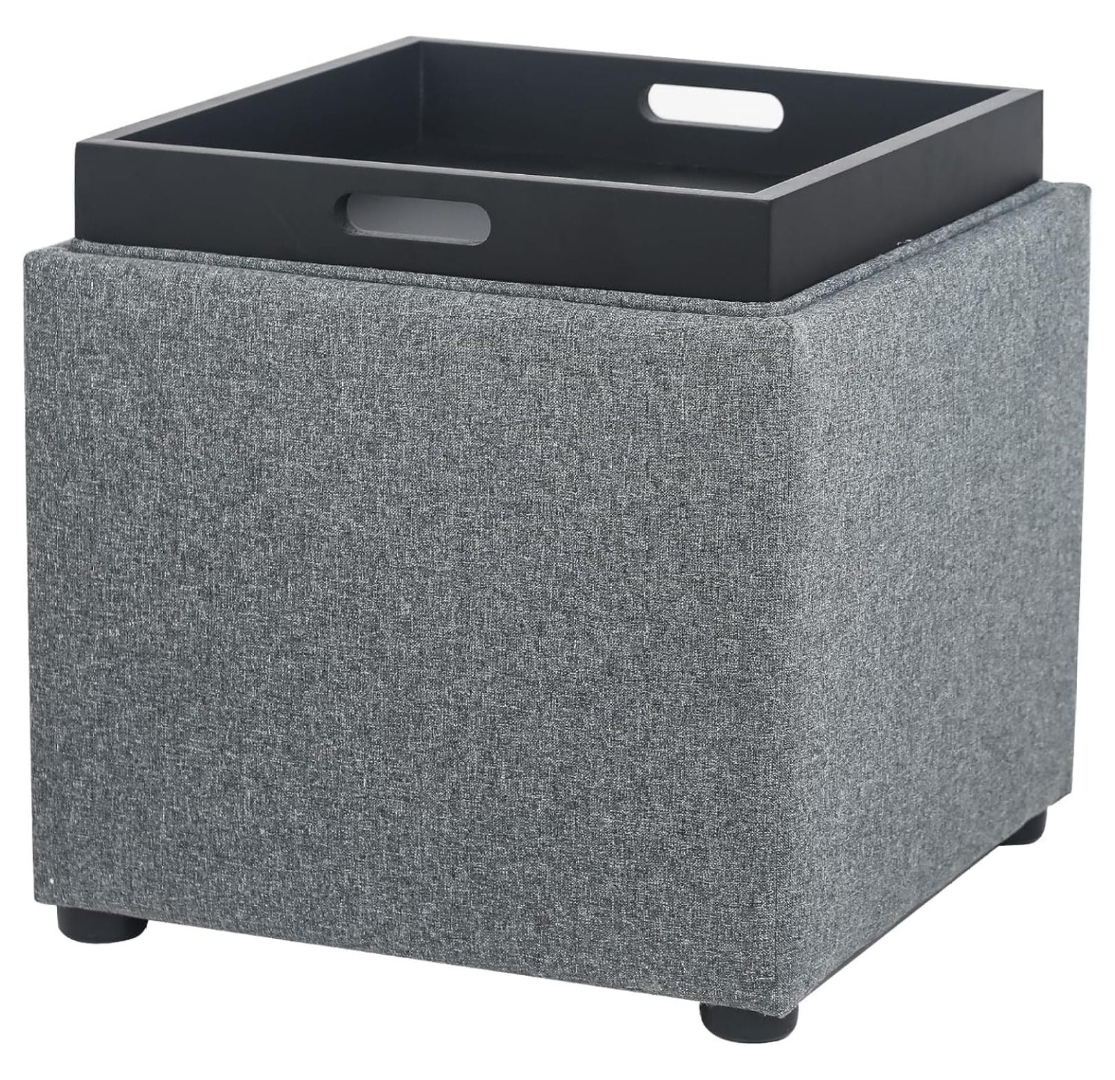 Collapsible Round Storage Ottoman With Tray Top – Linen Upholstered Footrest, Seat & Side Table, Brown