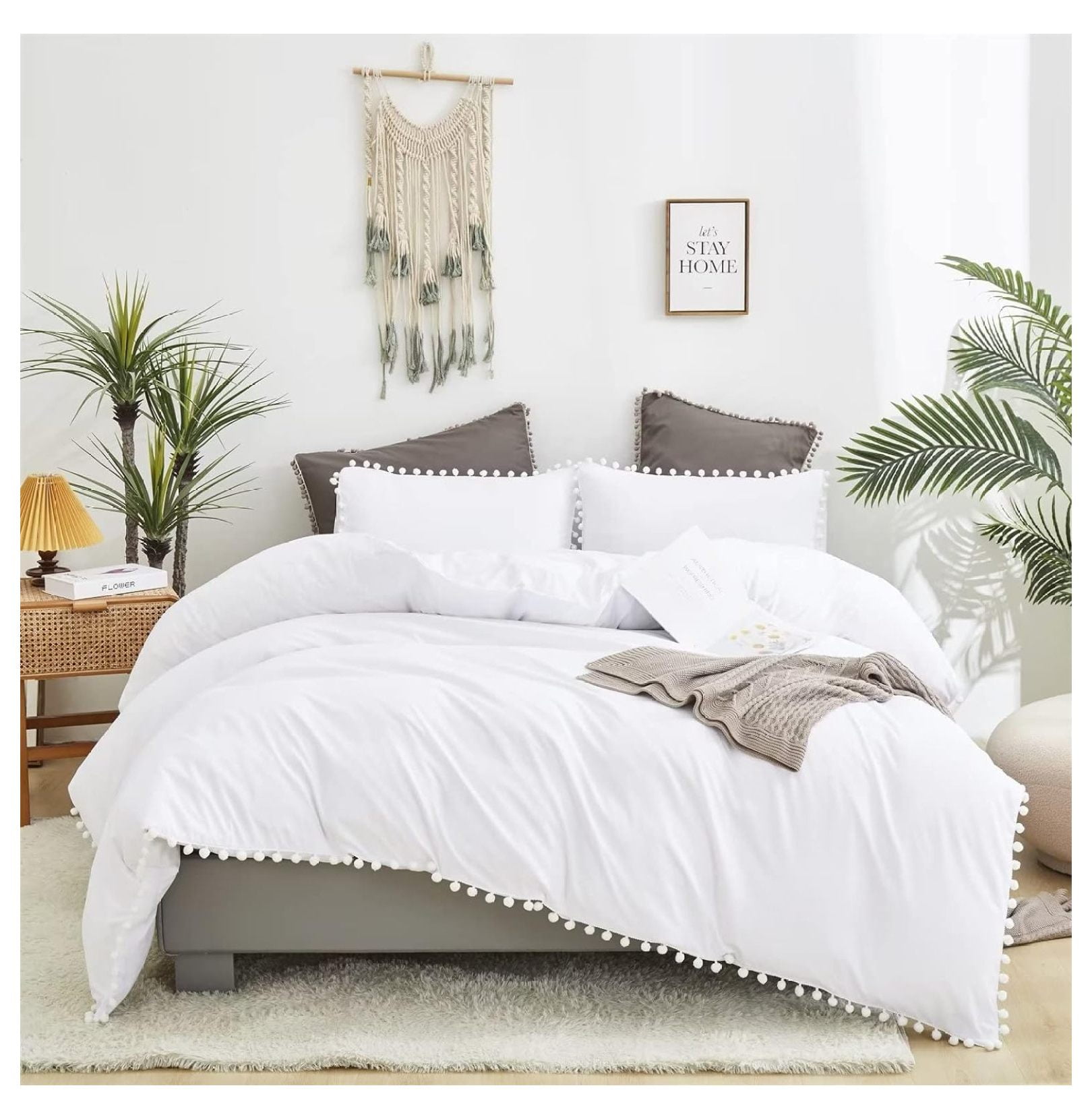 Homehours White Pom Pom Comforter Set Boho Shabby Chic Bedding Sets