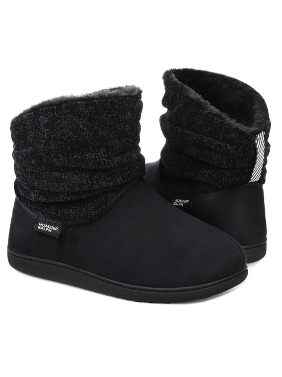 Women's Winter Warm Chenille Knit Bootie Slippers Comfy Suede Fluffy Faux Fur Memory Foam Boots House Shoes