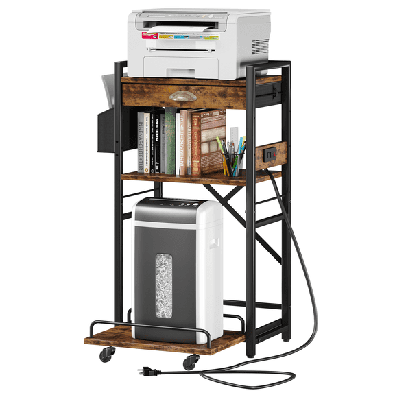 Homeiju 3-Tier Printer Stand with Storage Drawer,Large Tall Printer Table with Power Outlet,Side Pocket and Adjustable Shelf for Home Office,Stand Cart for Computer PC Tower CPU Shredder,Brown