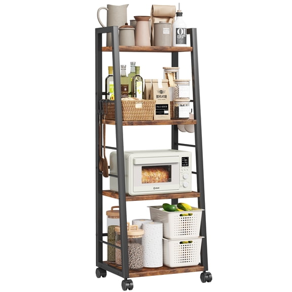 Homeiju 4 Tier Kitchen Storage Cart with Lockable Wheels & 6 Hooks, Mobile Utility Organizer Rolling Cart for Small Spaces, Bar Cart for Kitchen and Living Room, Rustic Brown