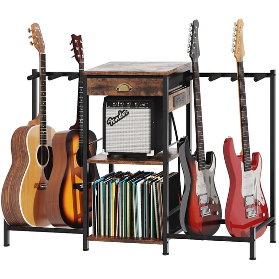 Homeiju 6-Guitar Floor Stand with Charging Station & 3-Tier Storage, Guitar Rack with Amp Stand & Cloth Drawer, Rubber Protected Guitar Holder for Studio/Home , Heavy Duty Metal Frame