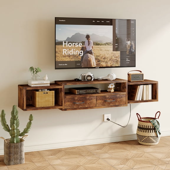 Homeiju 60'' Floating TV Stand with Power Outlet,Wall Mounted TV Console with Drawers, Floating Etertainment Center with Storage, Floating TV Shelf for Living Room, Bedroom, Brown