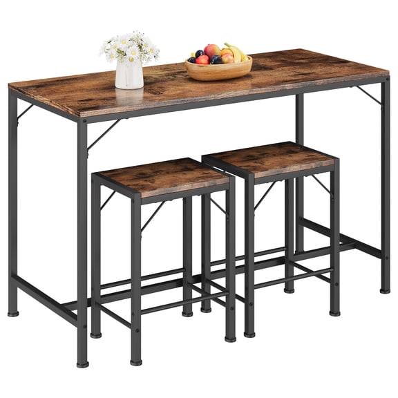 Homeiju Bar Table and Chairs Set, Square Bar Table with 2 Stools, Space-Saving Dining Pub Set for 2, Perfect for Kitchen, Breakfast Nook, Living Room & Small Spaces (Rustic Brown)