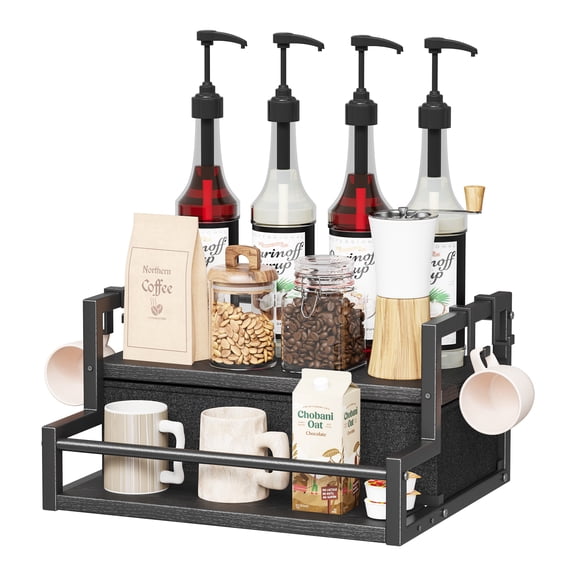 Homeiju Coffee Syrup Organizer Rack, 2-Tier Bottle Coffee Bar Accessories, Holder Stand with K Cup Storage Drawer for Coffee bar, Wine Rack, Storage Shelves for Syrup. (Black)