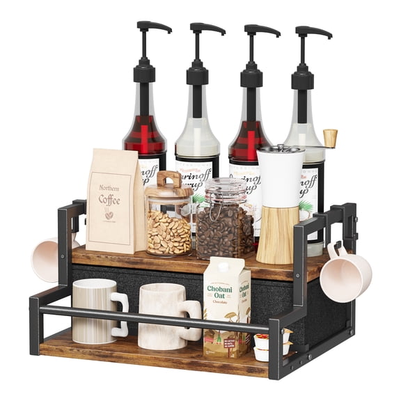 Homeiju Coffee Syrup Organizer Rack, 2-Tier Bottle Coffee Bar Accessories, Holder Stand with K Cup Storage Drawer for Coffee bar, Wine Rack, Storage Shelves for Syrup. (Brown)