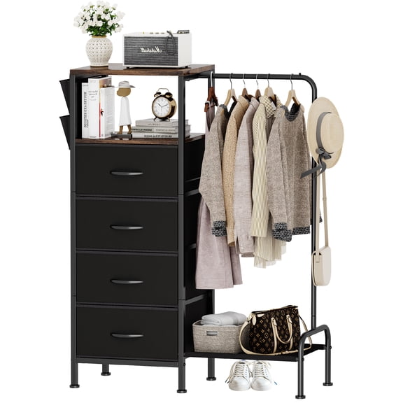 Homeiju Dresser with Hanging Rack, Reversible Dresser for Bedroom with 4 Drawers & Coat Rack & Side Pockets, Chest of Drawers with Clothes Rack, Kids Dressers for Bedroom, Black