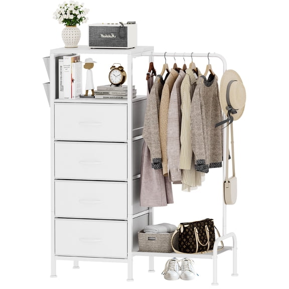 Homeiju Dresser with Hanging Rack, Reversible Dresser for Bedroom with 4 Drawers & Coat Rack & Side Pockets, Chest of Drawers with Clothes Rack, Kids Dressers for Bedroom, White