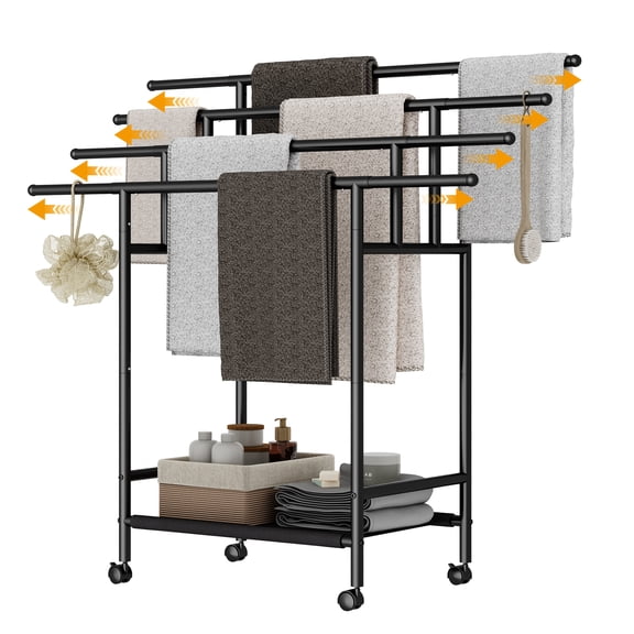 Homeiju Expandable Free Standing Towel Rack for Bathroom, 4 Tier Blanket Rack, Adjustable Blanket Holder for Bathroom, Towel Drying Rack Stand for Outdoor, Poolside, Black
