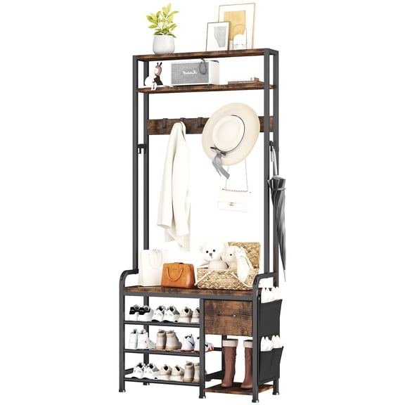 Homeiju Hall Tree with Bench and Shoe Storage, 3-in-1 Entryway Organizer with 6+2 Hooks, Coat Rack with Adjustable Feet for Stability, Mudroom Furniture with Storage Shelf