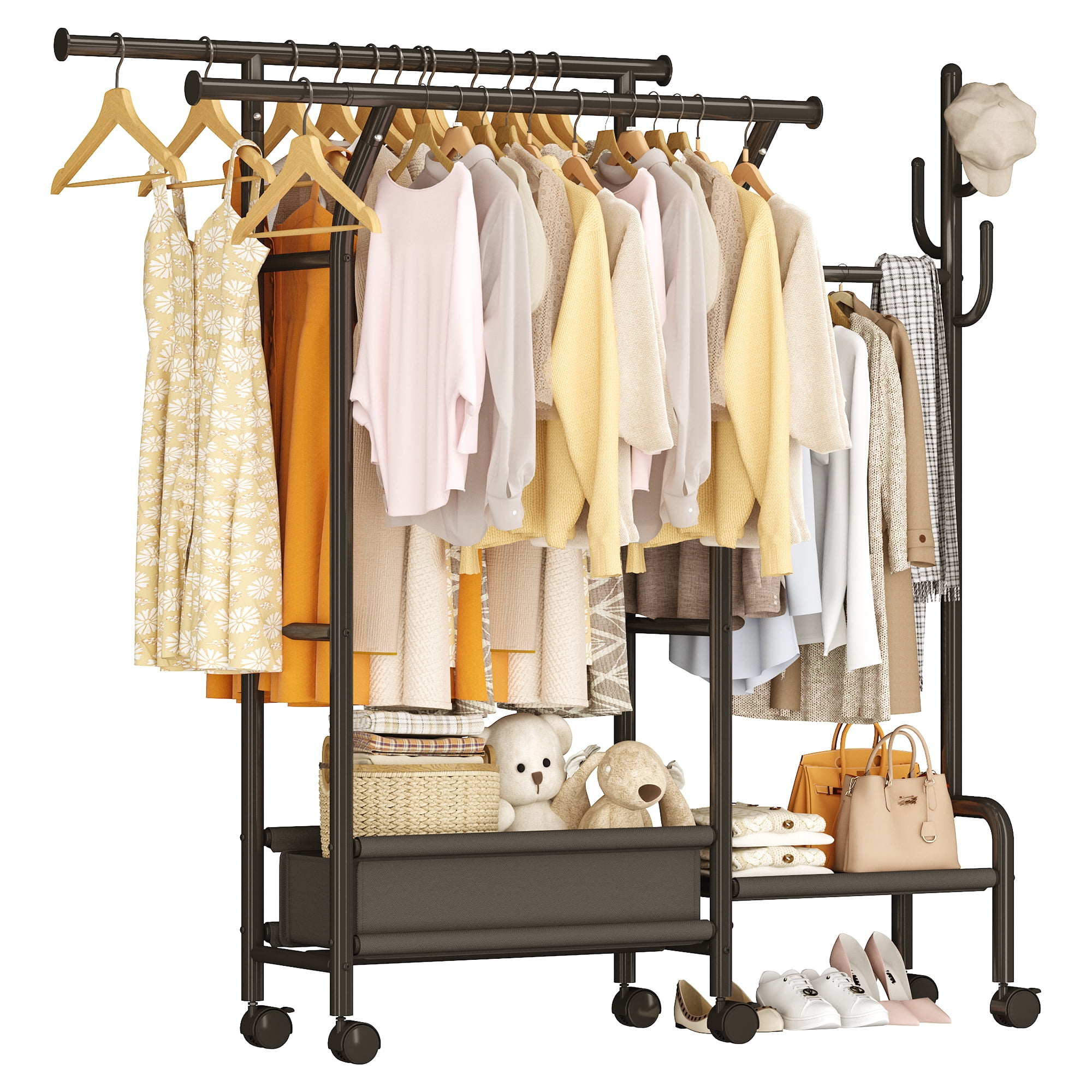 Extendable Racks Homeiju Heavy Duty Clothes Rack Load 500LBS, Three Rods Clothing Racks ...
