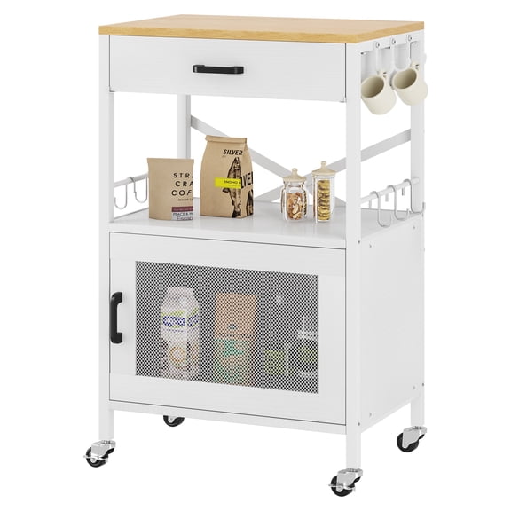Homeiju Kitchen Island Cart, Kitchen Storage Cart with Drawer, Microwaves Stand, Coffee Cart, Rolling Kitchen Cabinet Cart with Hooks for Kitchen, Dining Room, White