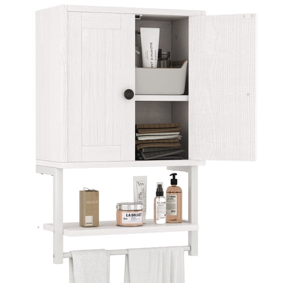 Homeiju Small Farmhouse Style Rustic Medicine Cabinet with Two Barn Doors, Wooden Wall Mounted Storage Cabinet with Shelf and Towel Bar for Bathroom, Living Room, Kitchen, White