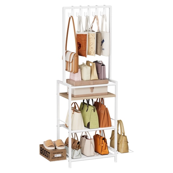 Homeiju Tall Purse Organizer with Hanger, Floor-Standing Rack, Black, Rectangular, 4 Compartments