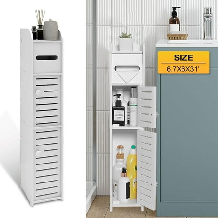 Homeika Bathroom Storage Cabinet with 2 Doors and 2 Shelves, 4 Tier Design Toilet Paper Storage Stand for Small Space and Corner, L6.7 x W6 x H31 Inch, White